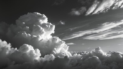 Poster - Elegant black and white depiction of dramatic clouds in the sky showcasing textures and contrasts against a monochromatic background.