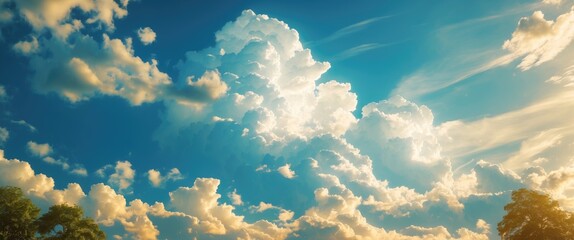 Aufkleber - Vibrant blue sky with fluffy white clouds illuminated by sunlight creating a serene and picturesque natural landscape.