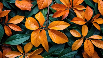 Poster - Vibrant autumn leaves with shades of orange and green creating a rich natural background ideal for seasonal themes and designs.