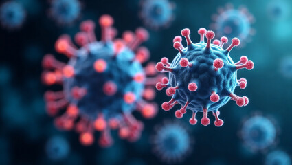Poster - Virus particles are shown in a close-up view with vivid colors and intricate structures. This representation highlights the biological aspects of viruses