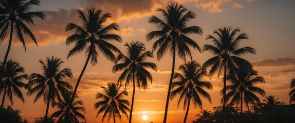 Aufkleber - Silhouette of tropical palm trees against a vibrant sunset sky with empty space for text ideal for relaxation or travel themes