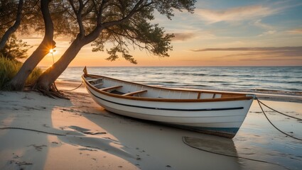 Aufkleber - Serene Sunset Over Beach with Small Fiberglass Boat Tied to Tree on Sandbar Surrounded by Calm Waters and Lush Vegetation