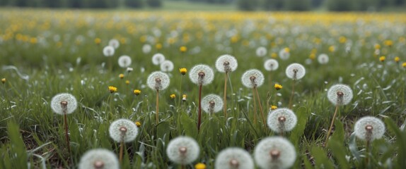 Aufkleber - Dandelion Fluffy Seedheads in Lush Meadow with Yellow Flowers and Clear Background Ideal for Text Overlay or Nature Themes