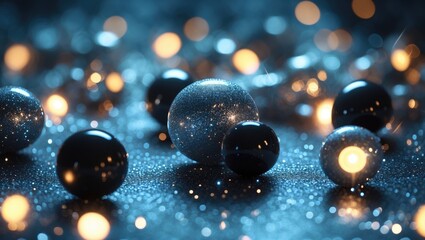 Aufkleber - Elegant defocused background with silver and black glittering spheres illuminating vintage festive ambiance in soft bokeh lighting.