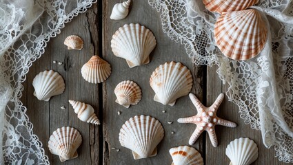 Aufkleber - Seashells and lace delicately arranged on rustic wood creating a shabby chic coastal background for design and decoration projects