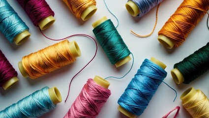 Aufkleber - Colorful sewing threads for embroidery displayed on a white background in assorted spools showcasing vibrant hues and textures.