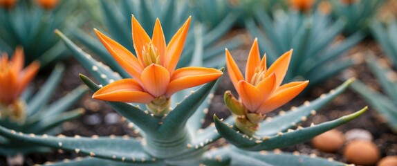 Poster - Aloe Vera Plant with Vibrant Orange Flowers and Blurred Green Background Ideal for Text Overlay and Natural Beauty Themes