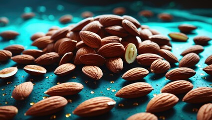 Aufkleber - Nutrient-rich almonds piled on a vibrant surface showcasing their natural texture and health benefits for culinary or snacking content.