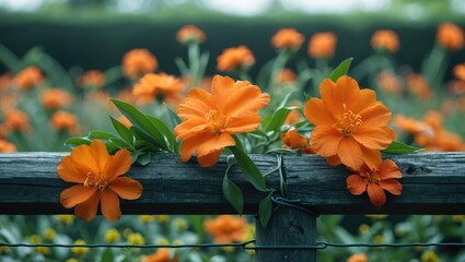 Poster - Vibrant Orange Flowers on a Wooden Fence with Lush Garden Background and Space for Text Overlay in Natural Light