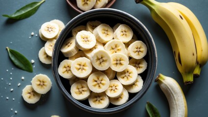 Aufkleber - Sliced Bananas in Bowl on Table with Fresh Bananas and Leaves Healthy Food Concept with Space for Text and Nutrition Themes