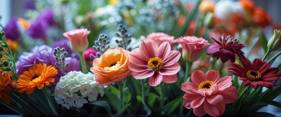 Aufkleber - vibrant arrangement of colorful fresh flowers showcasing a variety of blooms in selective focus for a visually appealing floral display