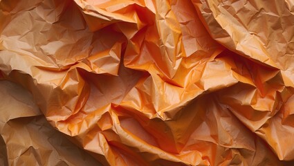 Poster - Textured orange crumpled paper background showcasing intricate folds and creases for creative or artistic design projects.