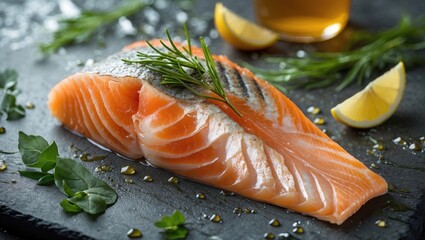 Poster - Freshly Cut Salmon Fillet Garnished with Herbs and Lemon Slices on Slate Background