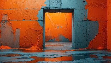 Poster - Vivid orange and blue concrete wall with textured abstract background creating a striking visual contrast in an artistic setting.
