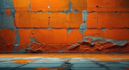 Poster - Vibrant textured orange concrete wall with peeling paint and rough surface for artistic or industrial backgrounds.