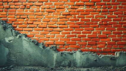 Poster - Textured orange brick wall with exposed cement and rubble showcasing a rustic and weathered urban aesthetic for architecture backgrounds.