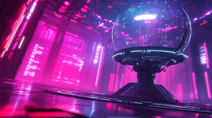Poster - Futuristic scifi holographic globe display in pink neon room 3d glow data light purple modern design