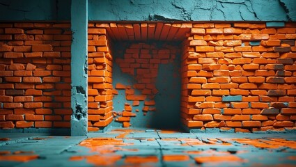Poster - Vibrant orange brick wall with textured cement and worn details creating a unique urban ambiance in a contemporary setting.