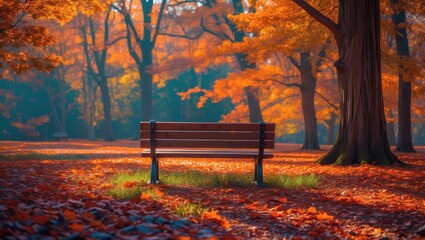 Aufkleber - Autumn Serenity Bench Surrounded by Vibrant Leaves in a Tranquil Woodland Setting