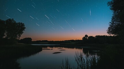 Poster - A tranquil river reflecting a sky full of shooting star