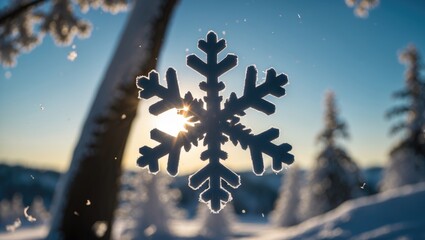 Aufkleber - Silhouette of a snowflake against a sunlit winter landscape showcasing nature's beauty and cold atmosphere with ample copy space.