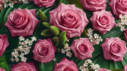 Fototapete - Elegant arrangement of pink roses with delicate white flowers and lush green leaves showcasing beauty and harmony in floral design.