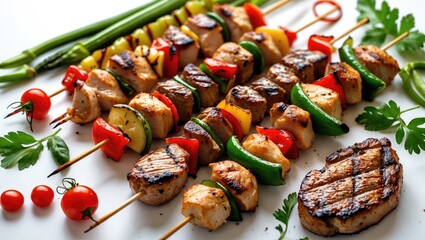 Poster - Colorful Grilled Chicken Skewers with Vegetables and Steaks on Skewers Perfect for Summer Barbecues and Outdoor Dining