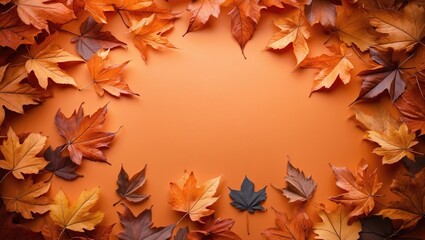 Poster - Vibrant orange autumn leaves arranged on a seasonal backdrop creating a warm flatlay with ample copy space for seasonal designs.