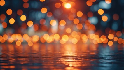 Poster - Abstract orange bokeh light background with a shimmering wet surface creating a warm and inviting atmosphere for various design uses.