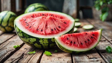 Aufkleber - Freshly Sliced Watermelon on Rustic Wooden Table with Room for Text and Juicy Red Flesh and Green Rind. Ideal for Summer Food Themes.