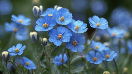 Poster - Delicate clusters of vibrant blue flowers with yellow centers in a lush green background bringing freshness to outdoor garden scenes.