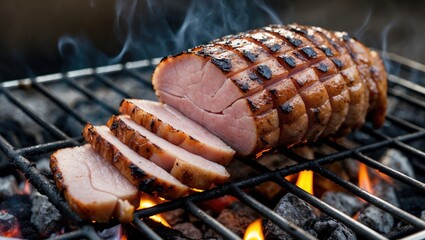 Poster - Grilled Sliced Pork Neck on a Grate with Smoky Flavors over Charcoal Embers Ideal for Culinary and BBQ Themes