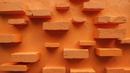 Poster - Textured Orange Stucco Wall with Floating Blocks Ideal for Background Art or Design Projects Featuring Bright, Warm Tones and Copy Space.