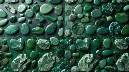 Poster - Luxury green pebble tile mosaic texture featuring polished stones and rough granite stones suitable for elegant background design.