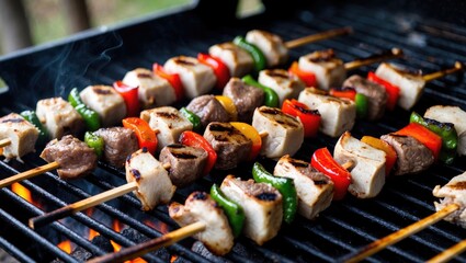 Poster - Grilled Skewers with Meat and Colorful Vegetables on Barbecue Grill Over Charcoal Flames