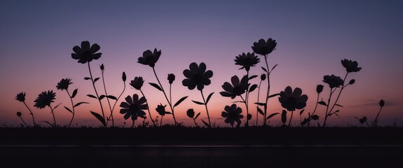 Poster - Silhouetted Flowers at Dusk with Empty Copy Space for Text on Horizon Background Ideal for Nature and Gardening Themes