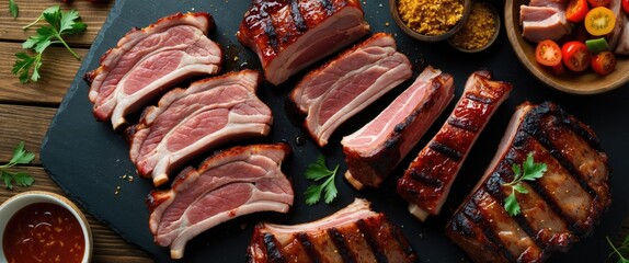 Poster - Sliced BBQ Pork Chop Steaks on Wooden Board with Accompaniments Top View Culinary Presentation