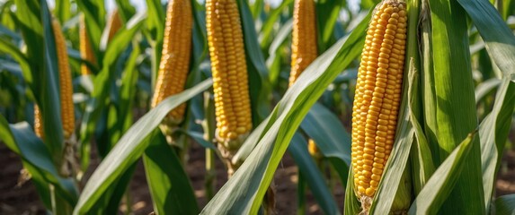Poster - Corn Cobs with Yellow Kernels in a Lush Organic Field Captured in Selective Focus Under Bright Natural Light