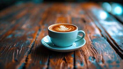 Poster - Elegant frothy latte in turquoise cup on rustic wooden table showcasing coffee art and inviting atmosphere for coffee lovers.