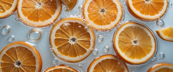 Aufkleber - Fresh orange slices immersed in sparkling water with bubbles creating a refreshing and vibrant visual composition