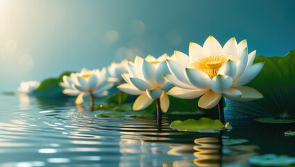 Poster - Closeup of blooming white lotus flowers on serene water surface illuminated by soft sunlight in tranquil natural setting