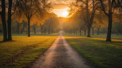 Aufkleber - Scenic Sunrise Pathway Through a Tranquil Park Surrounded by Golden Trees and Soft Morning Light