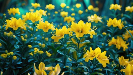 Aufkleber - Vibrant yellow Sesbania javanica flowers blooming in lush greenery showcasing the beauty of this herbaceous plant in a natural setting.