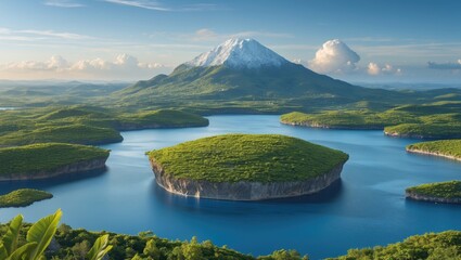 Aufkleber - Serene aerial view of lush green islands surrounded by tranquil water and majestic mountains under a clear blue sky with text space.