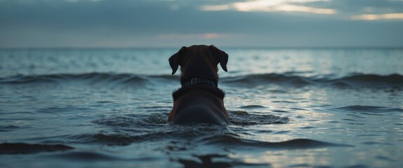 Poster - Dog Silhouette In Water Gazing Back At Owner During Twilight By The Sea