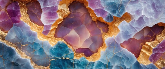 Poster - Colorful onyx marble texture showcasing vibrant hues of blue, purple, and gold with intricate patterns ideal for backgrounds or design elements.