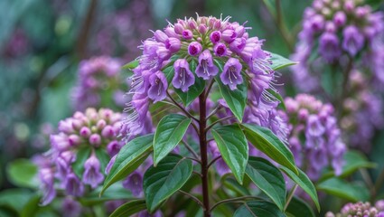 Poster - Vibrant cluster of fragrant purple flowers with lush green leaves showcasing the beauty of nature in a botanical garden setting.