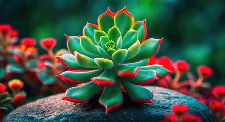 Aufkleber - Vibrant succulent plant perched on a stone surrounded by colorful blooms showcasing lush greenery and vivid red accents.