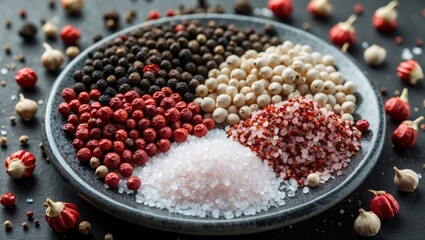 Poster - Colorful array of whole peppercorns and pink salt on dark plate showcasing spices and herbs for culinary inspiration and cooking aesthetics.