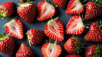 Aufkleber - Freshly sliced strawberries on dark background showcasing vibrant colors and textures for culinary and food photography use